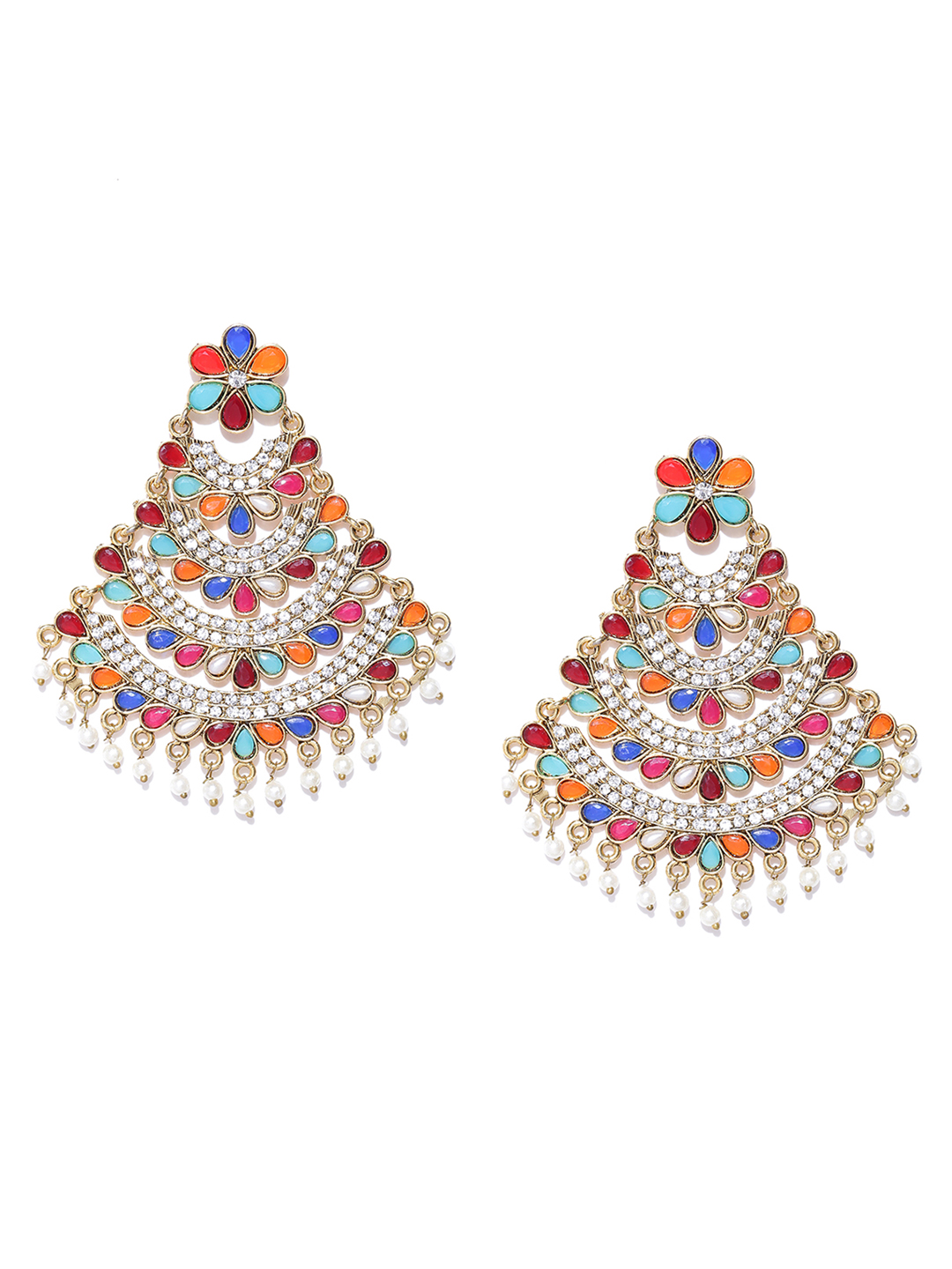 YouBella Multicoloured Gold-Plated Stone-Studded Beaded Chandbalis